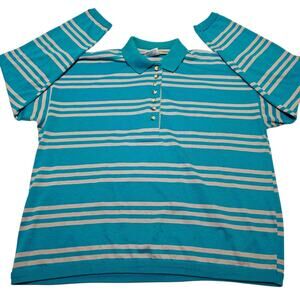 Chesterfield Polo Shirt Teal Green Striped Women's Medium Sleeve Collared 90's